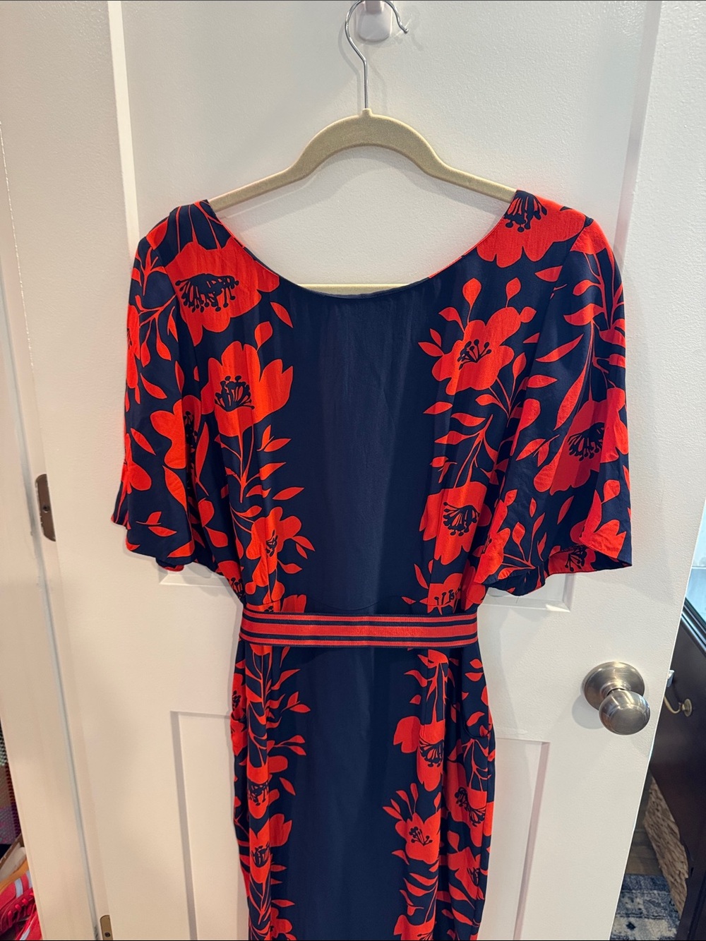 Boden Navy Midi Dress with Red Floral Print